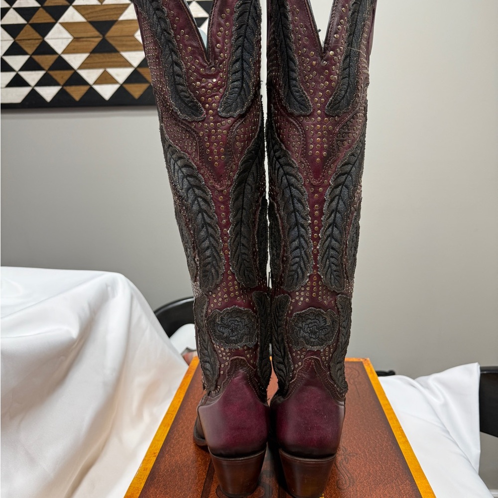 Corral Leather Embroidered Tall Boots with Black and Burgundy Design